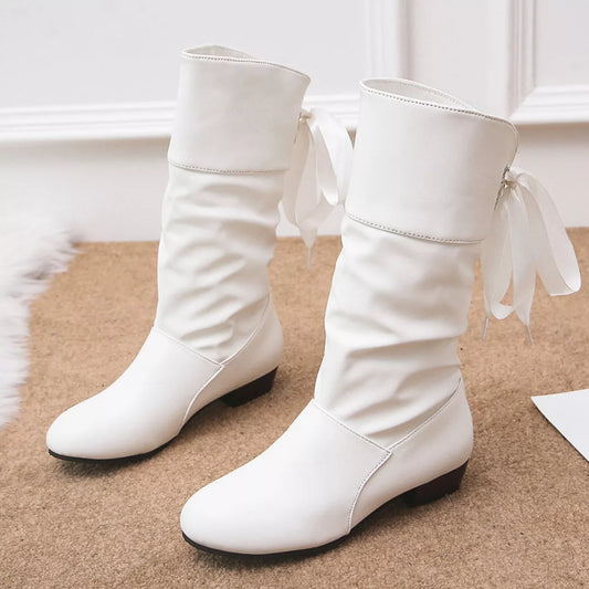 Round Toe Block Heels Boots - White - View 1