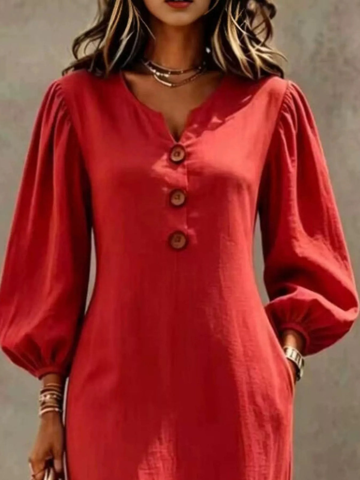 Decorative Button Balloon Sleeve Maxi Dress - Scarlet - View 2