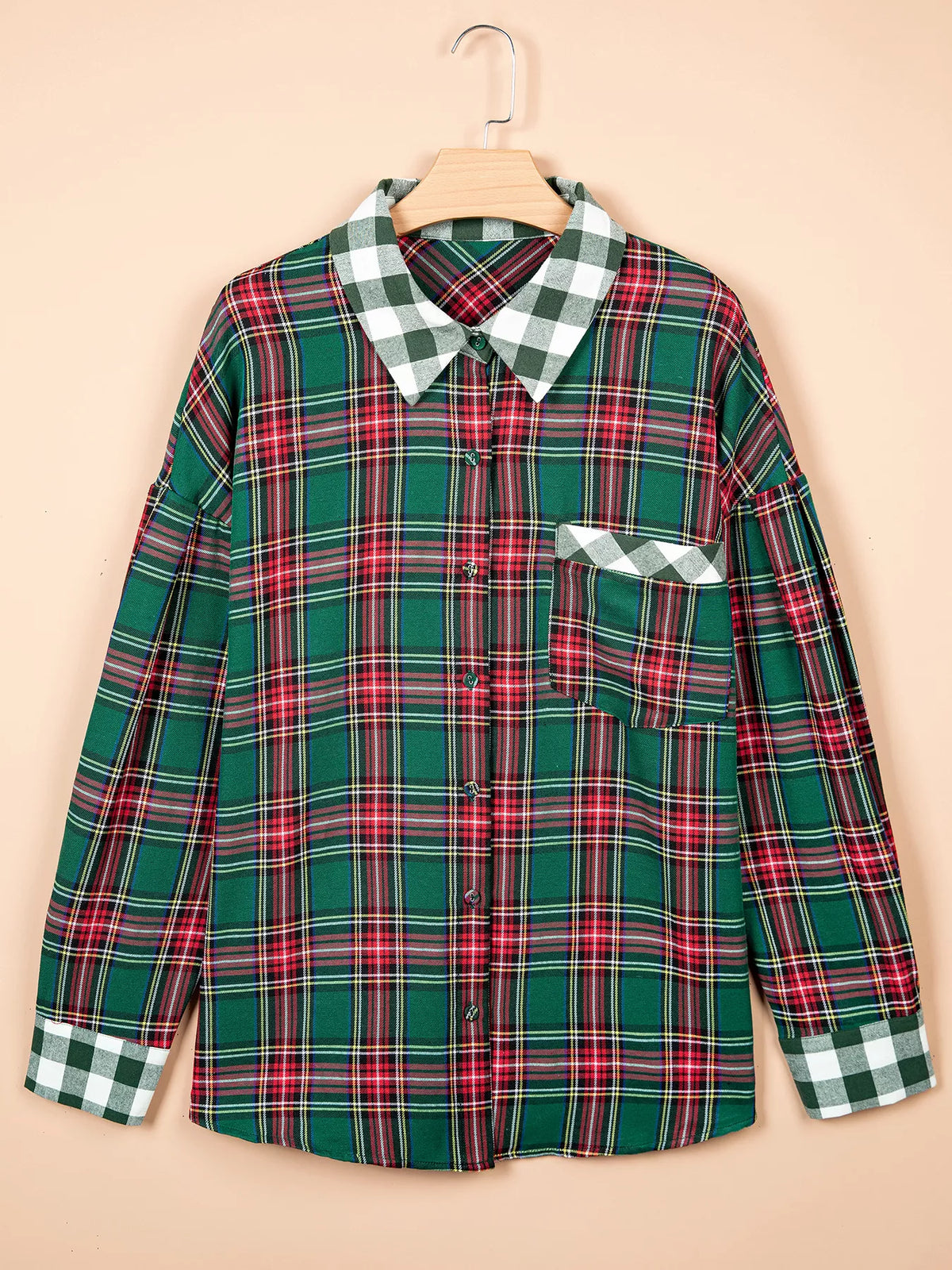 Plus Size Plaid Long Sleeve Shift Shirt - Dark Green - View 3