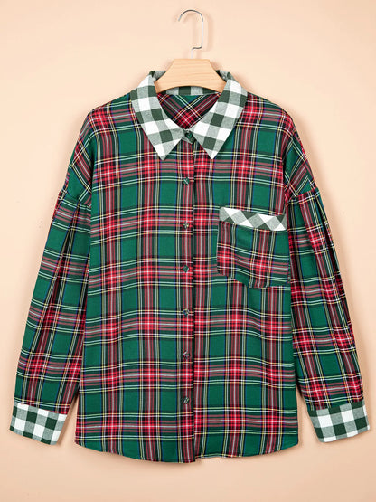 Plus Size Plaid Long Sleeve Shift Shirt - Dark Green - View 3