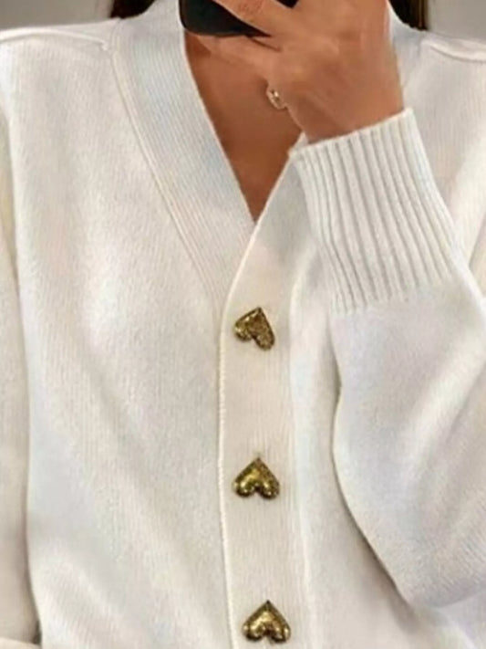Full Size V-Neck Cardigan with Gold Heart-Shaped Buttons Plus Size - White - View 2