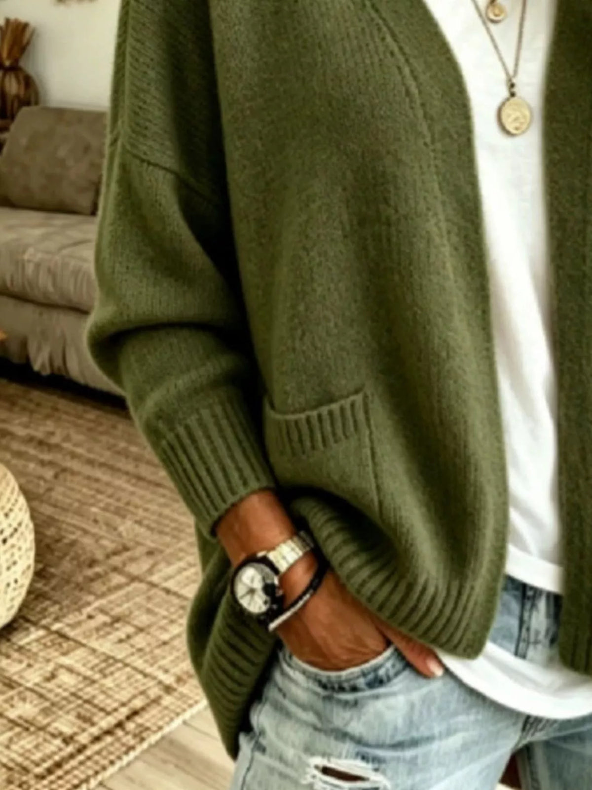 Open Front Knit Cardigan with Pockets - Army Green - View 7