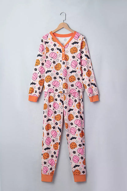 Halloween Pumpkin Print Long Sleeve Home Wear Lounge Set - Dusty Pink - View 6