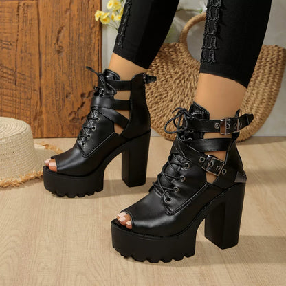 Lace Up Block Heels Sandals - Black - View 3