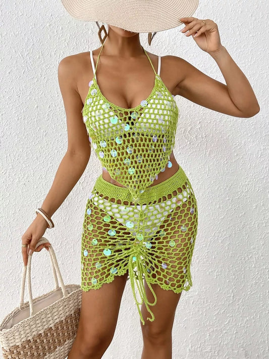 Halter Neck Crochet Knit Top and Skirt Cover Up Set - product photo 2