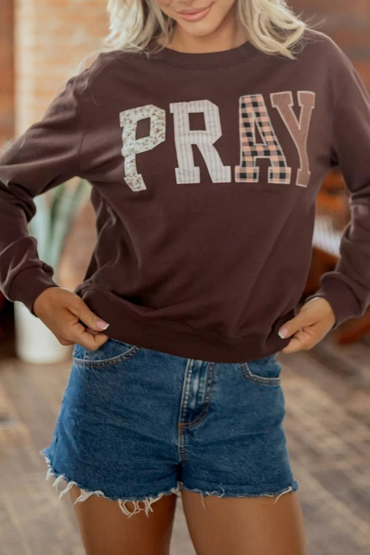 Plaid 'PRAY' Crew Neck Sweatshirt - Dark Brown - View 2