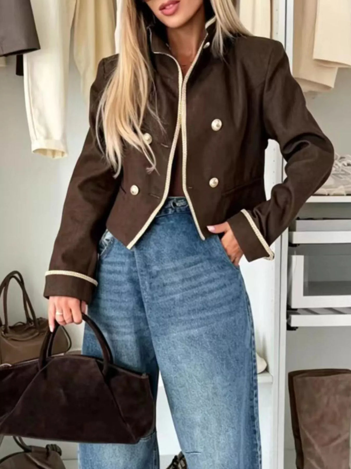 Double-Breasted Cropped Jacket - Brown - View 2