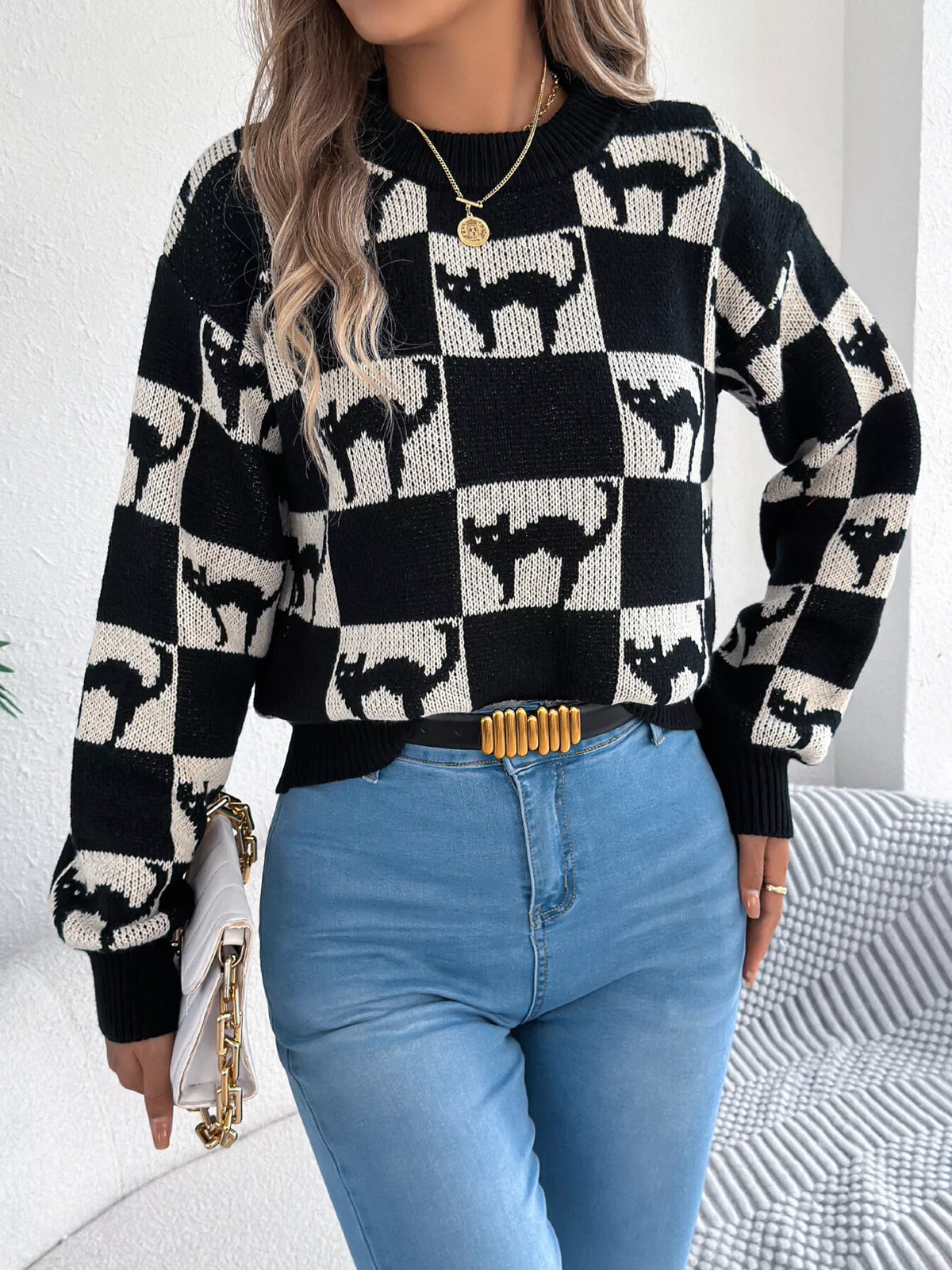 Checkerboard Halloween Graphic Sweater - Black - View 7