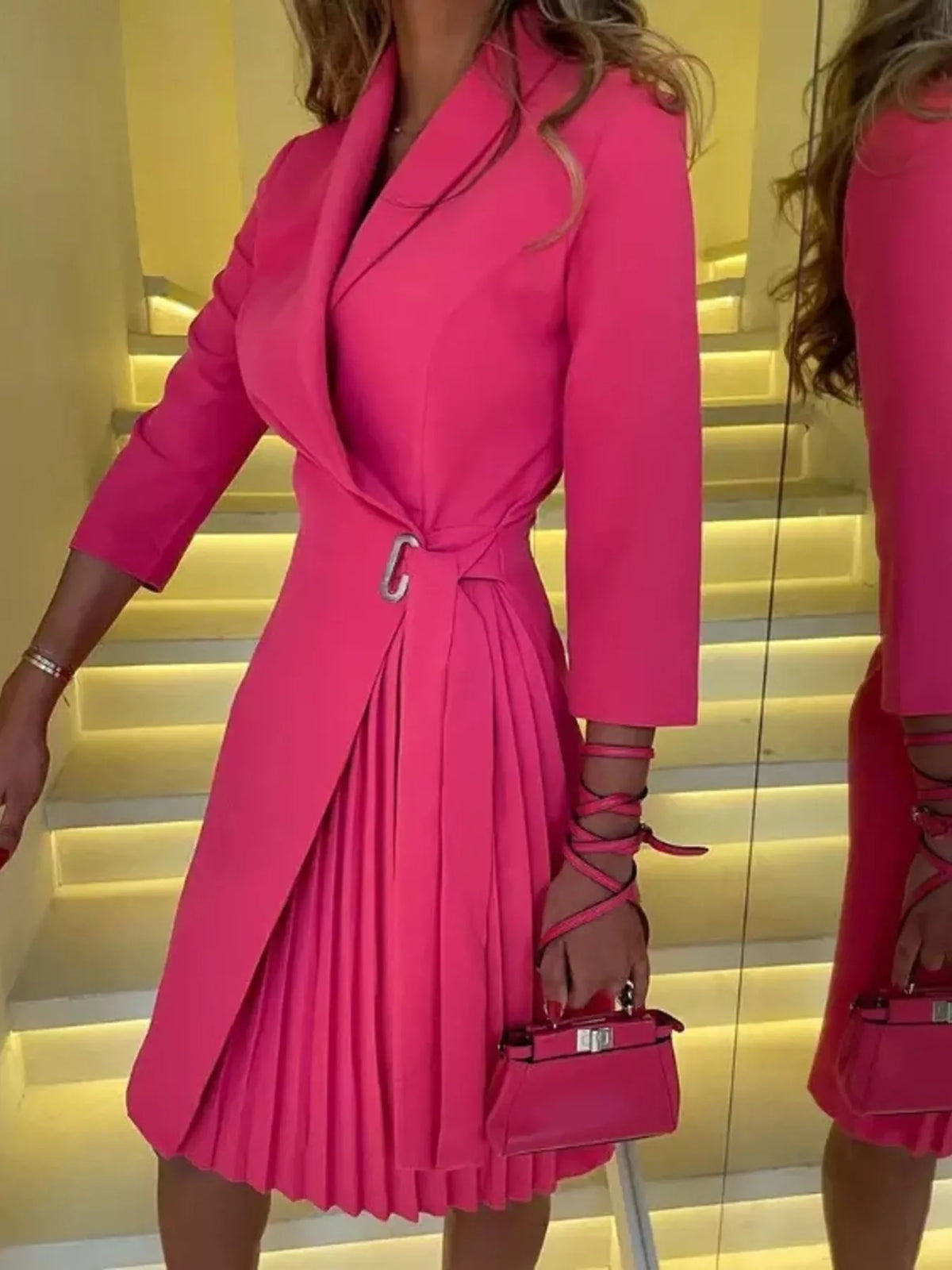 Blazer Style Pleated Midi Dress - Cerise - View 1