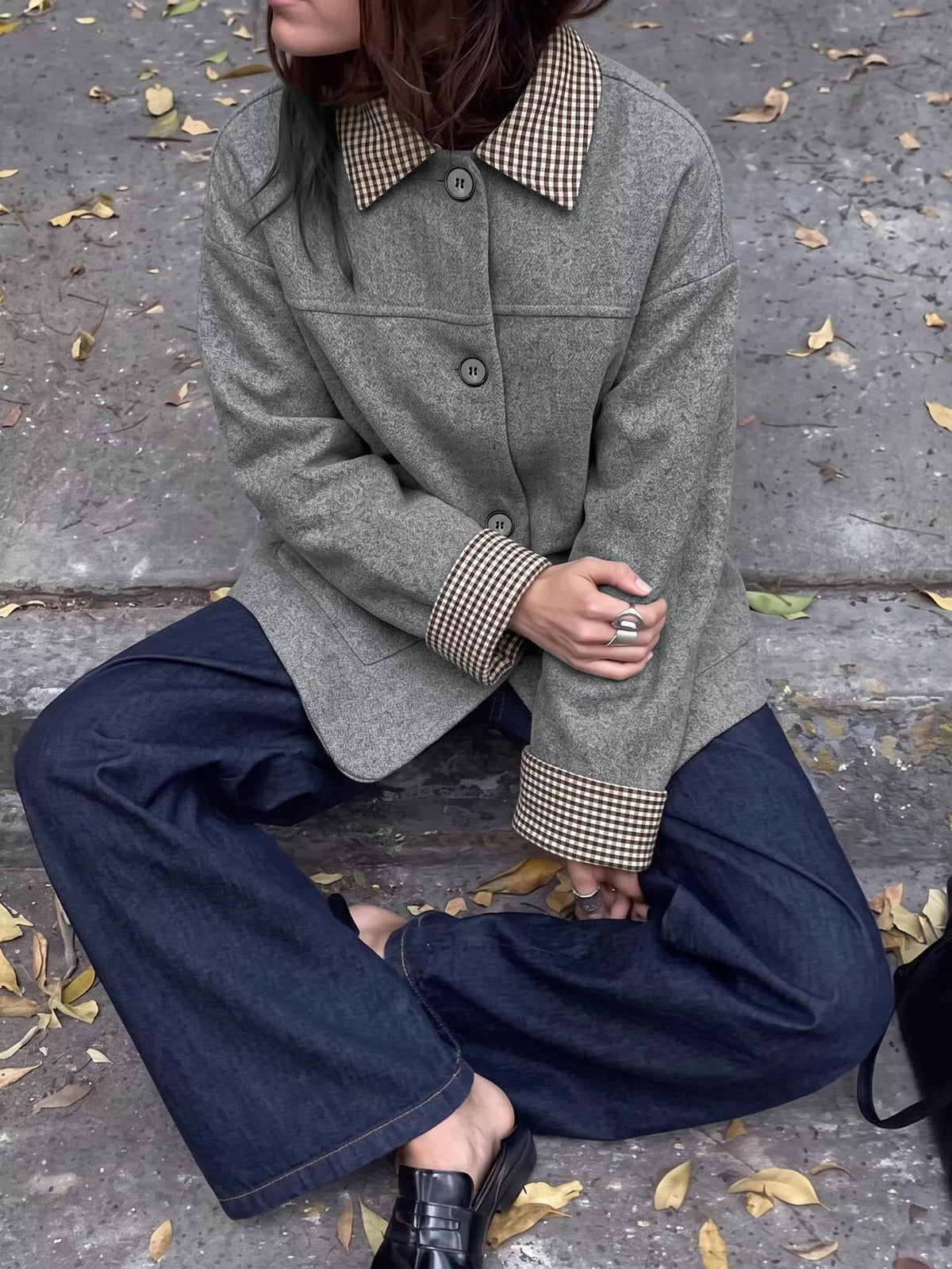 Button-Down Outerwear with Gingham Contrast Details - Gray - View 2