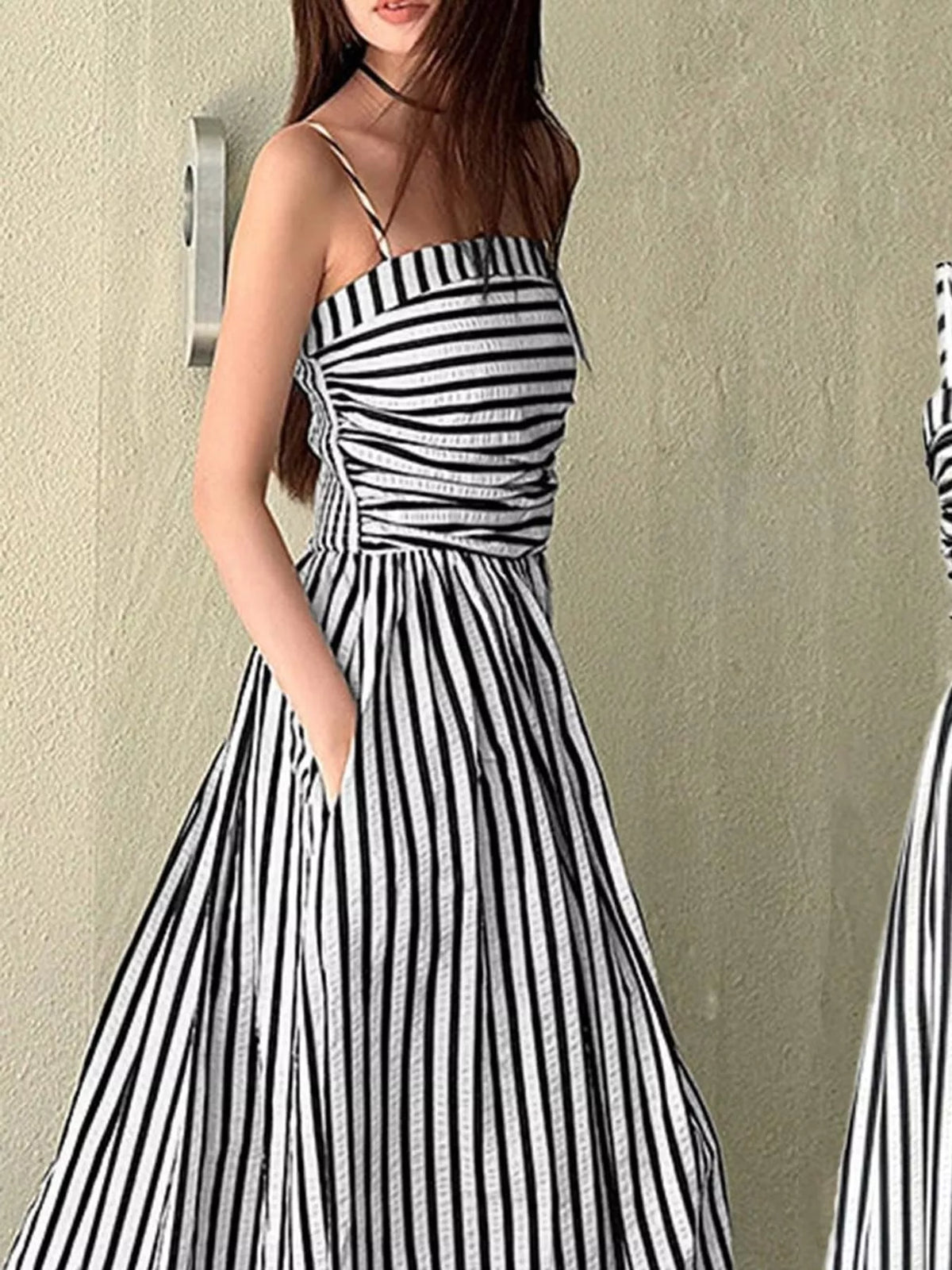 Striped Spaghetti Strap A-Line Maxi Dress - Black - View 2