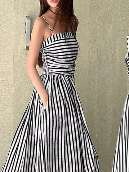 Striped Spaghetti Strap A-Line Maxi Dress - Black - View 2
