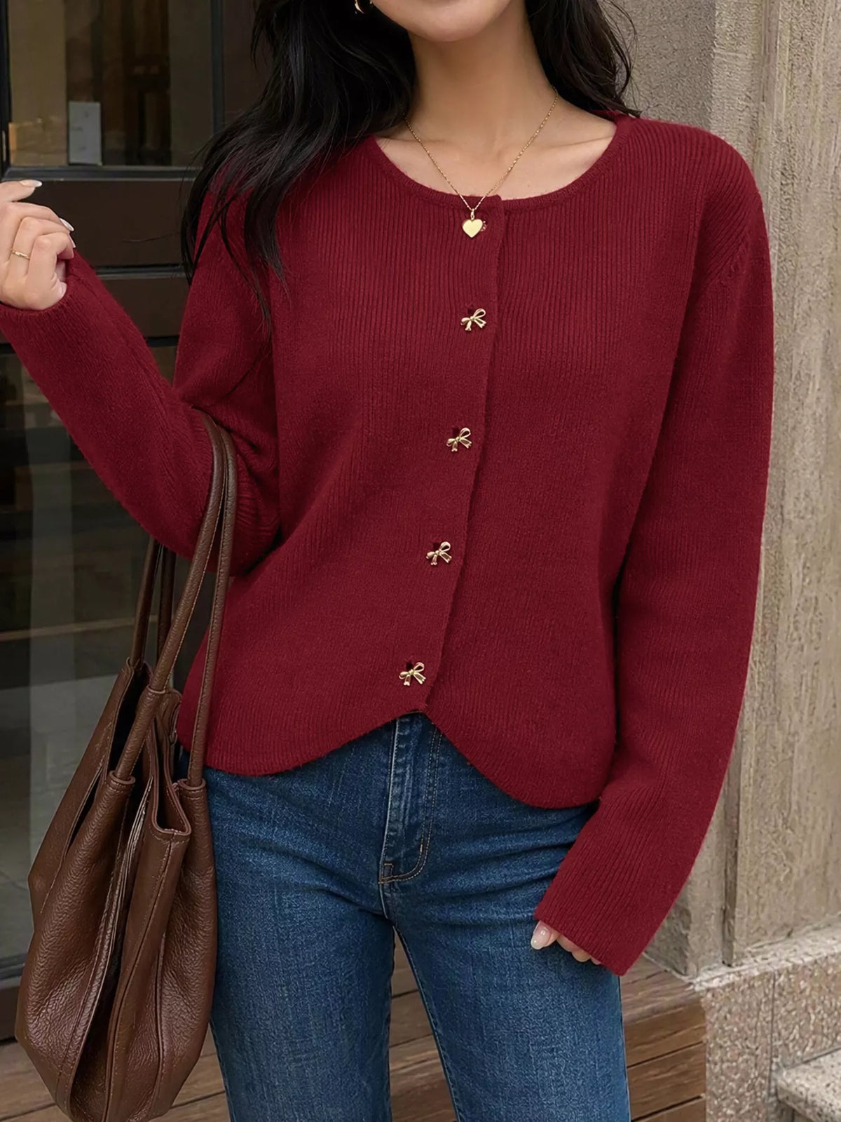 Bow Button Up Knit Cardigan - Burgundy - View 2