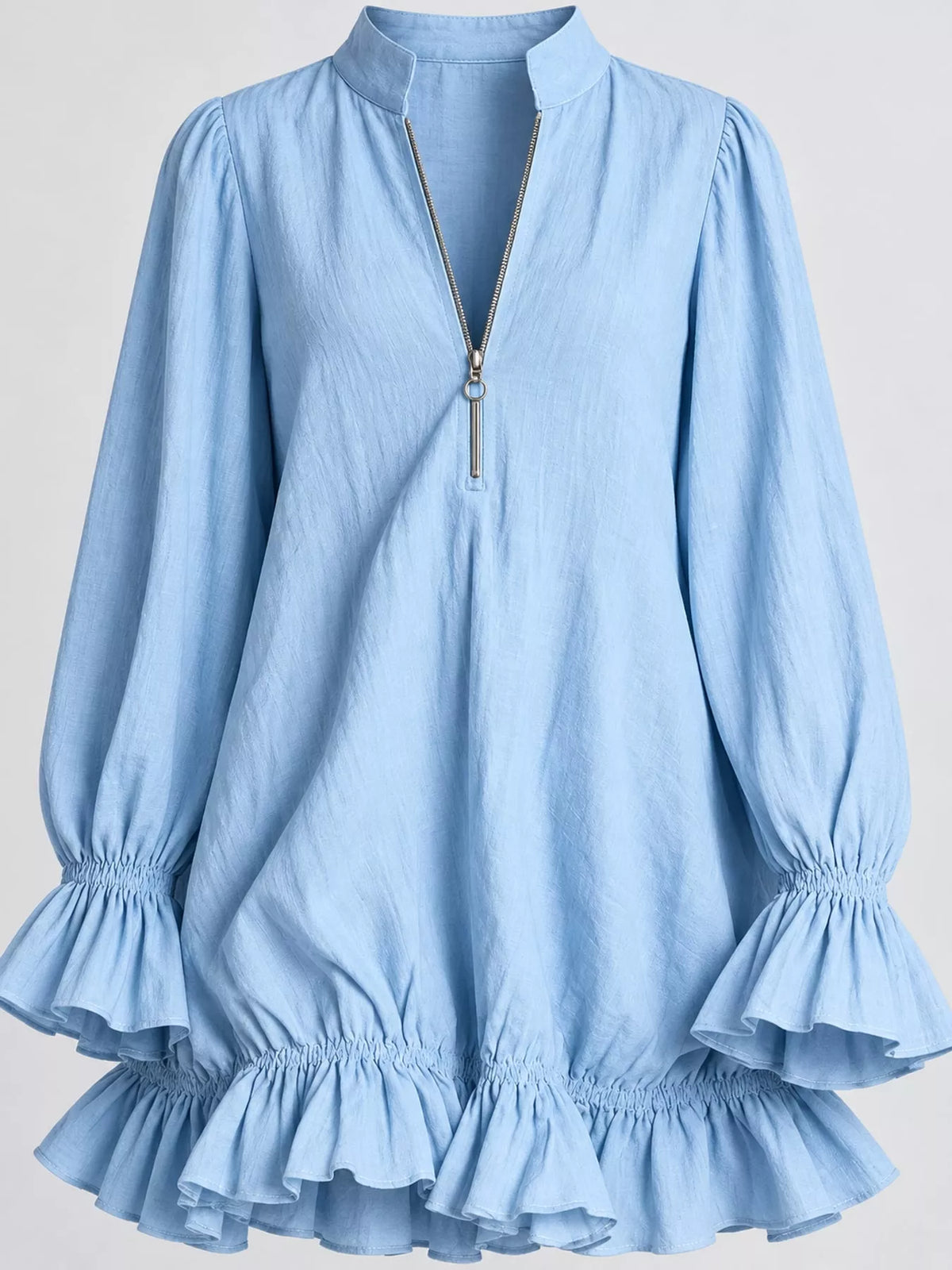Zipper-Front Ruffle Hem Mini Dress - Sky Blue - View 35