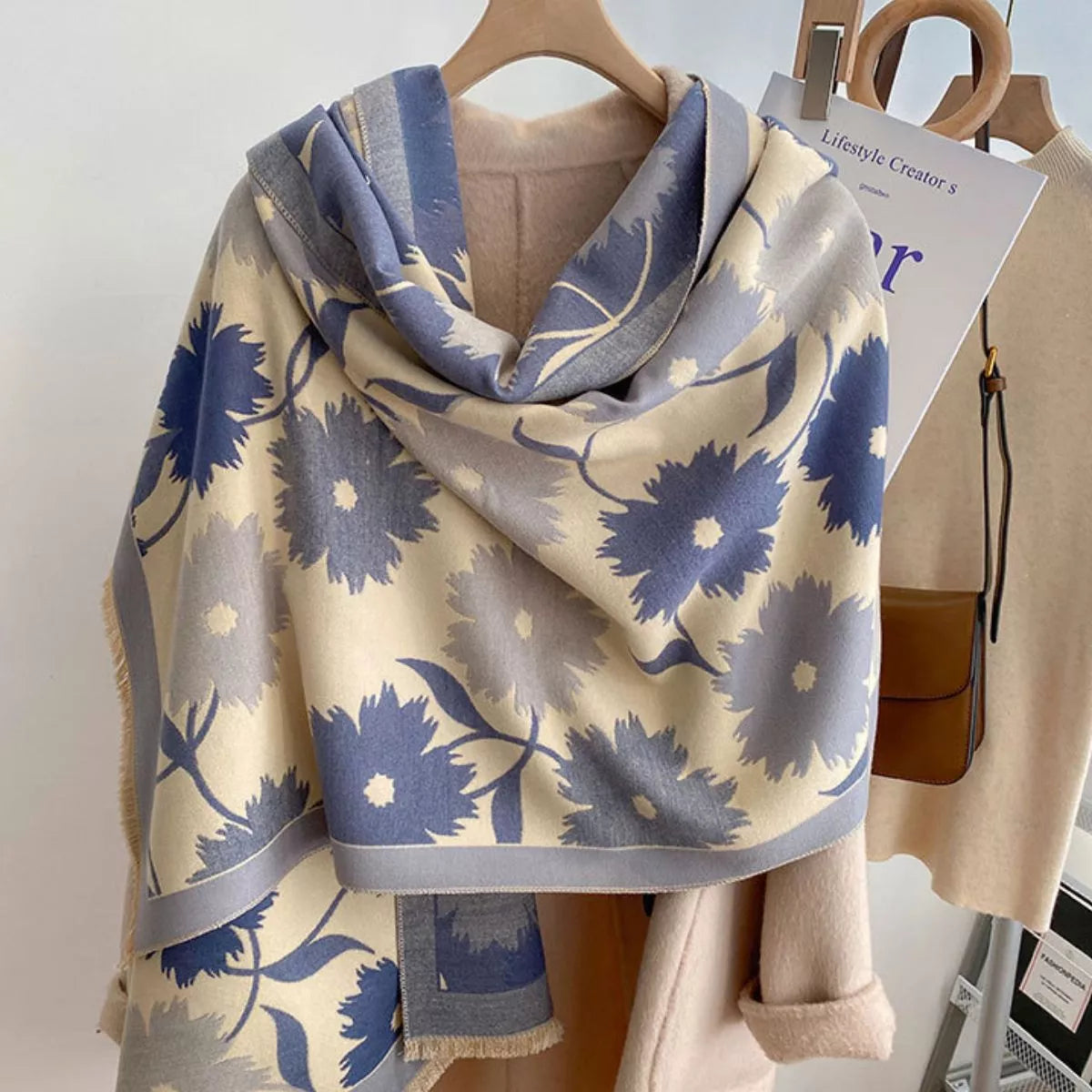 Floral Print Warm Winter Scarf - Cerulean - View 2