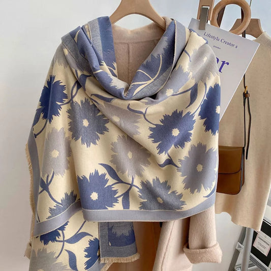 Floral Print Warm Winter Scarf - Cerulean - View 2