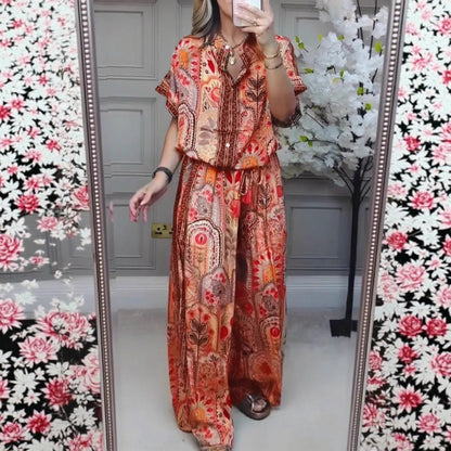 Fashionable Summer Casual Printed Round Neck Cardigan Top with Wide Leg Pants Two-Piece Set