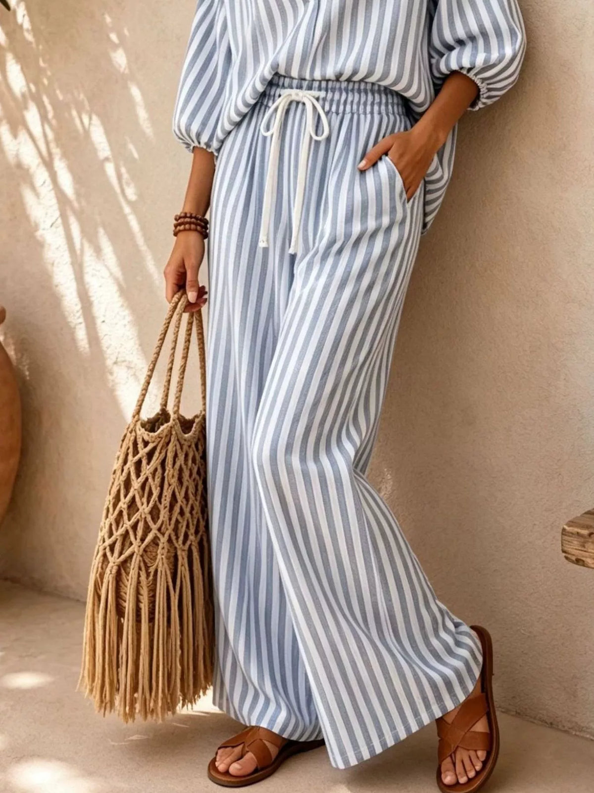 Striped Collared Shirt and Wide-Leg Drawstring Pants Set - Light Blue - View 3
