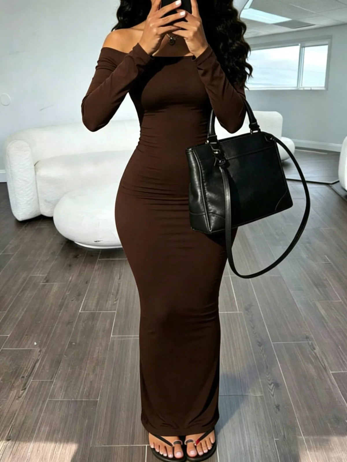 Off-Shoulder Bodycon Maxi Dress - Brown - View 2