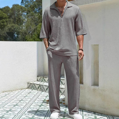 Men's casual shirt solid color half sleeved pants two-piece set