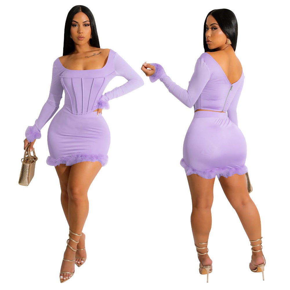 Square collar backless short skirt solid color set