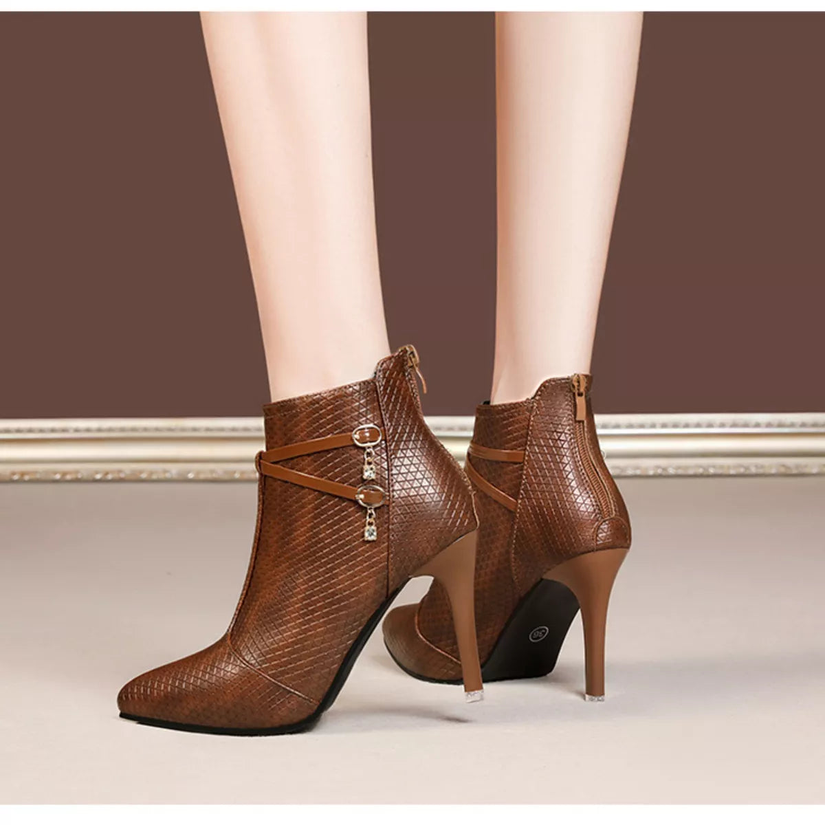 Pointed-Toe Stiletto Ankle Boots - Coffee - View 9