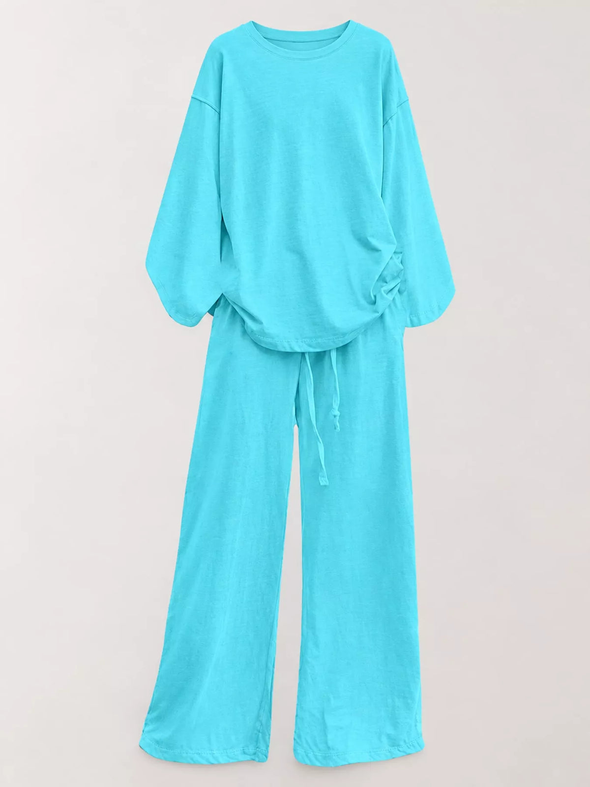 Full Size Round Neck Top and Drawstring Wide-Leg Pants Set Plus Size - Lake Blue - View 3