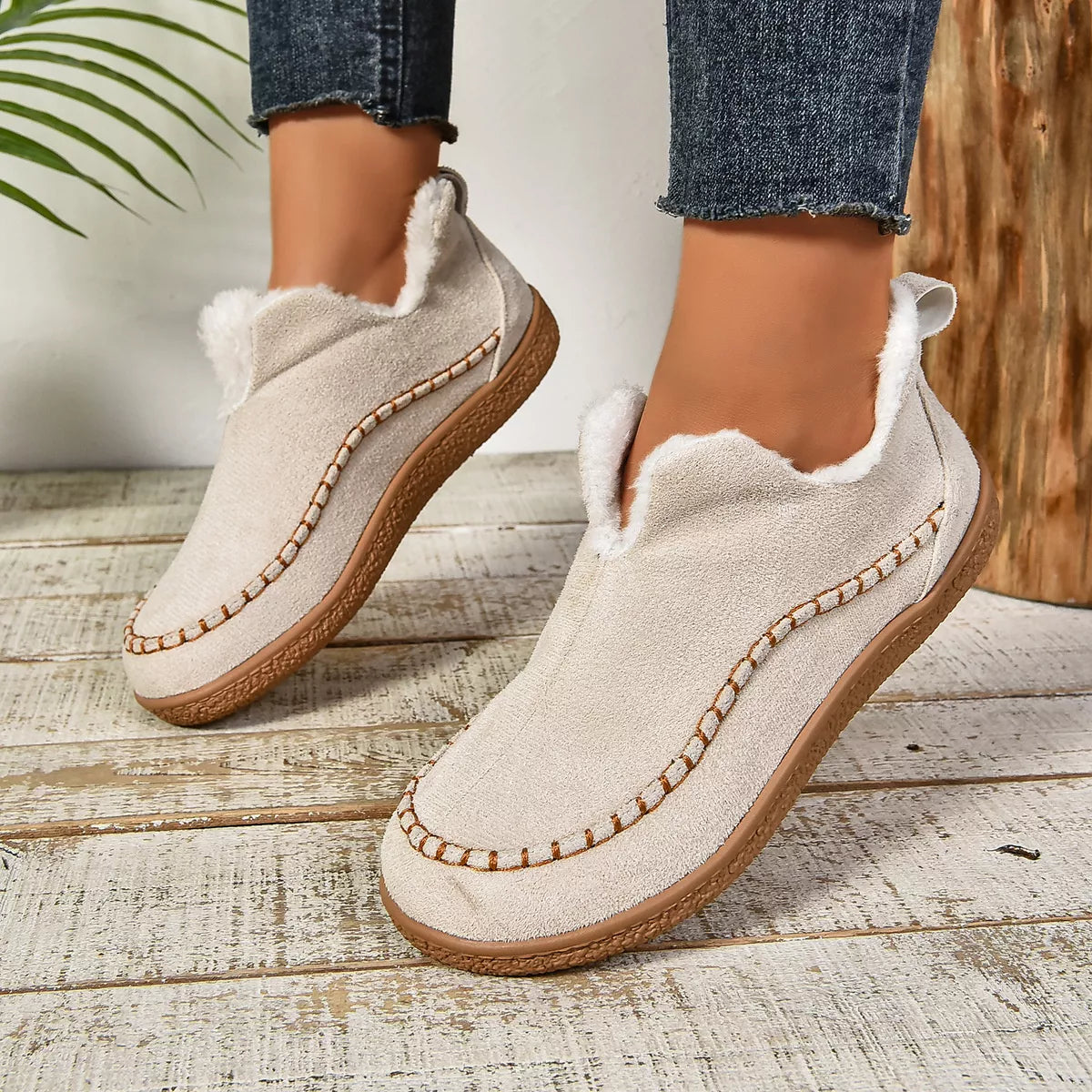 Round Toe Plush Lined Shoes - Cream - View 3