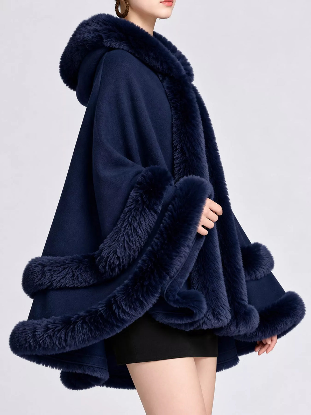 Faux Fur Trimmed Hooded Cape - Navy - View 60