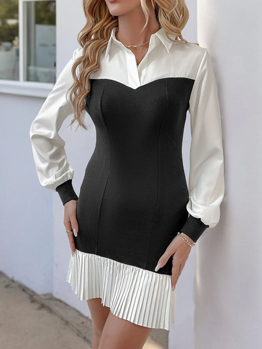 Two Tone Pleated Long Sleeve Shirt Dress - Black White - View 2