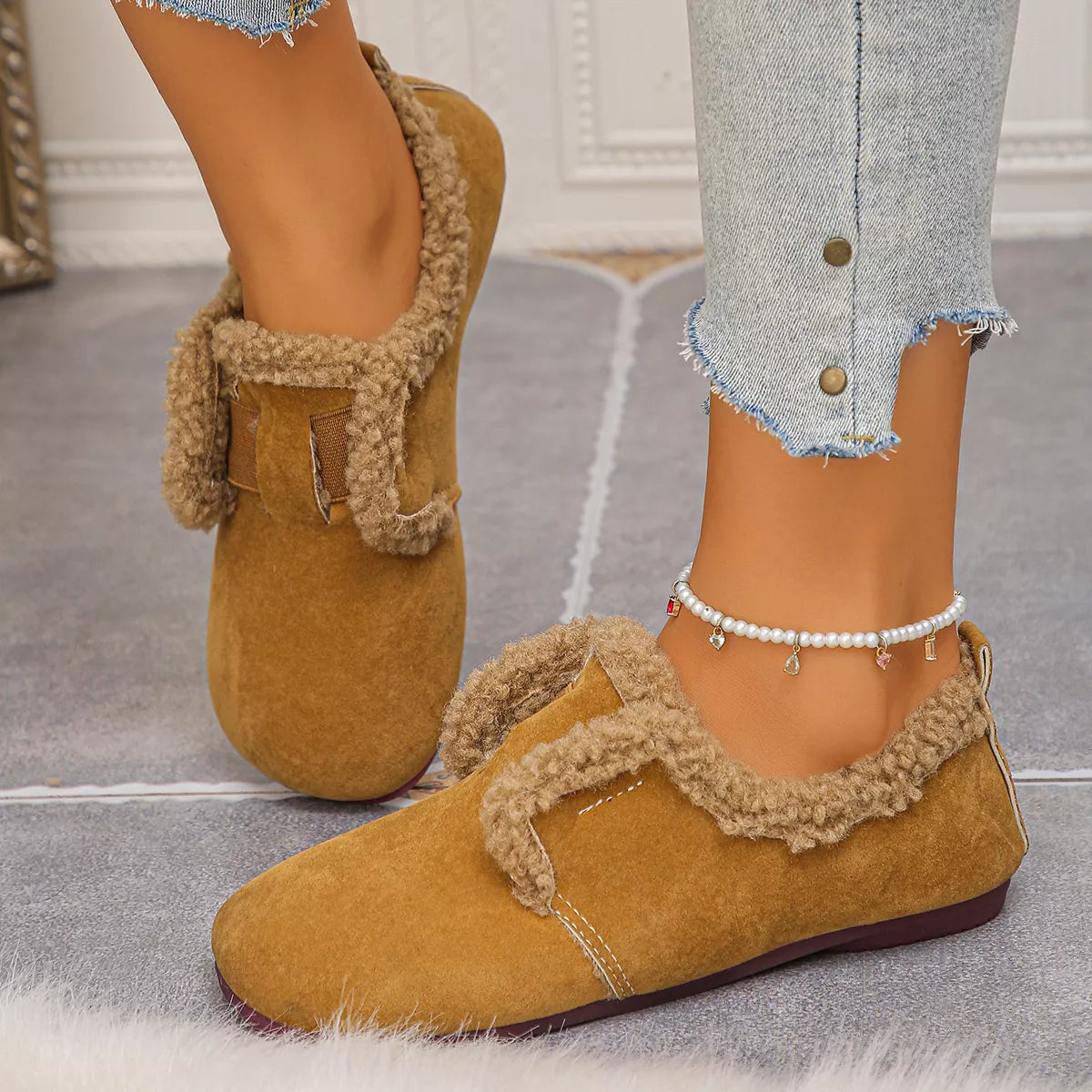 Faux Fur Lined Slip-Ons - Coffee Brown - View 1