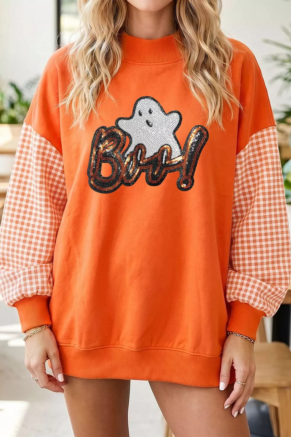 Boo Sequin Ghost Plaid Patchwork Sleeve Halloween Sweatshirt - Orange - View 2