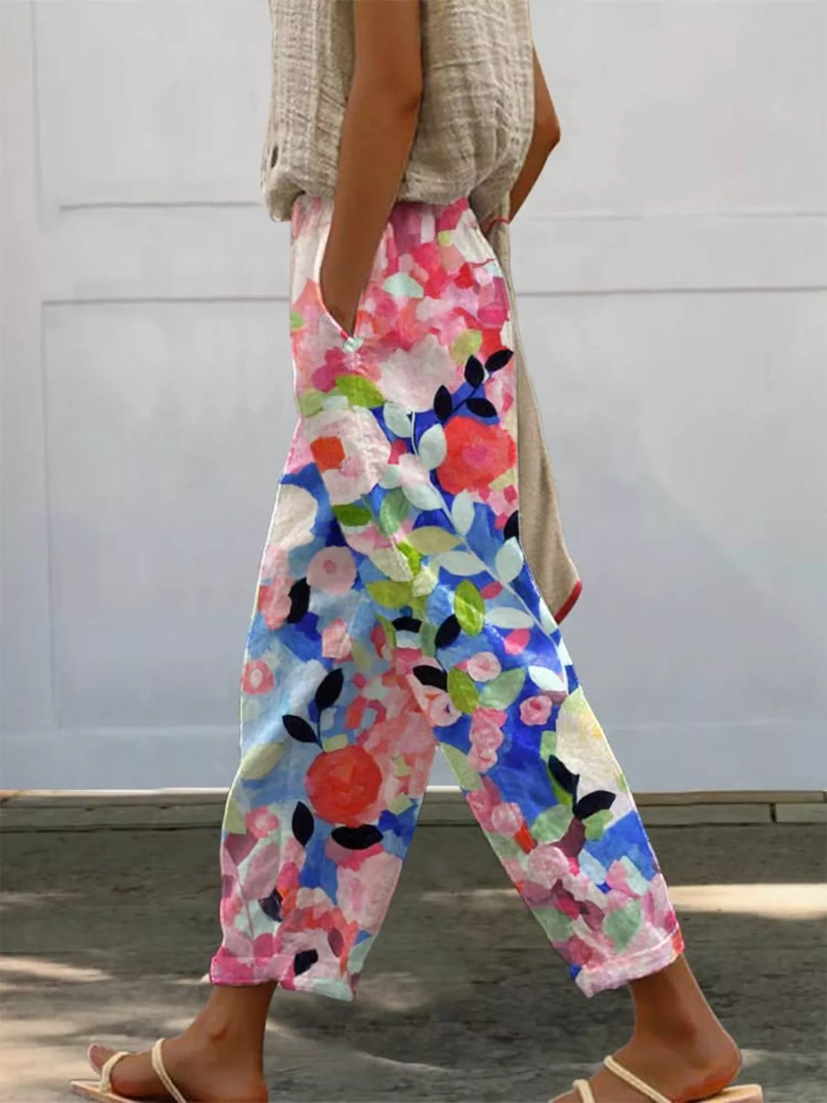 Floral Print Loose Casual Pants - Pink - View 1