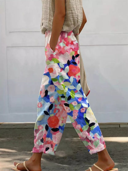 Floral Print Loose Casual Pants - Pink - View 1