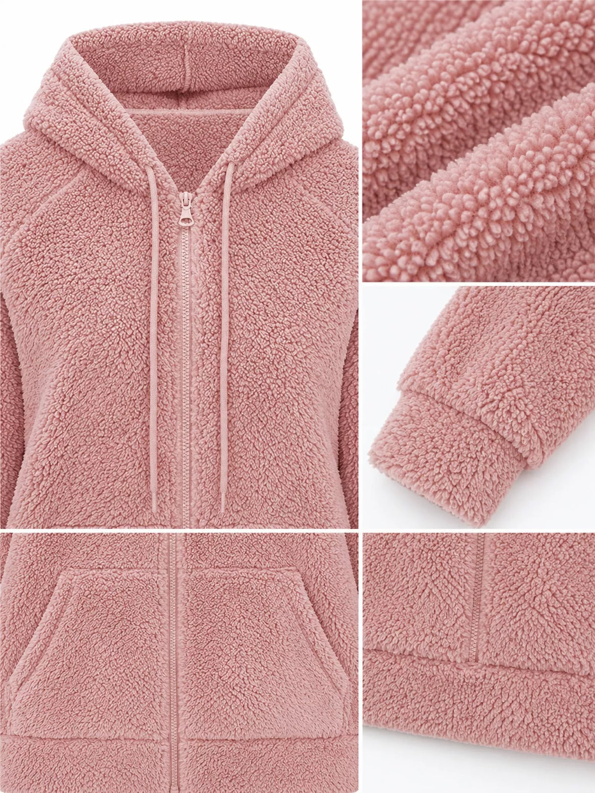 Drawstring Sherpa Zip-Up Hoodie - Peach - View 13