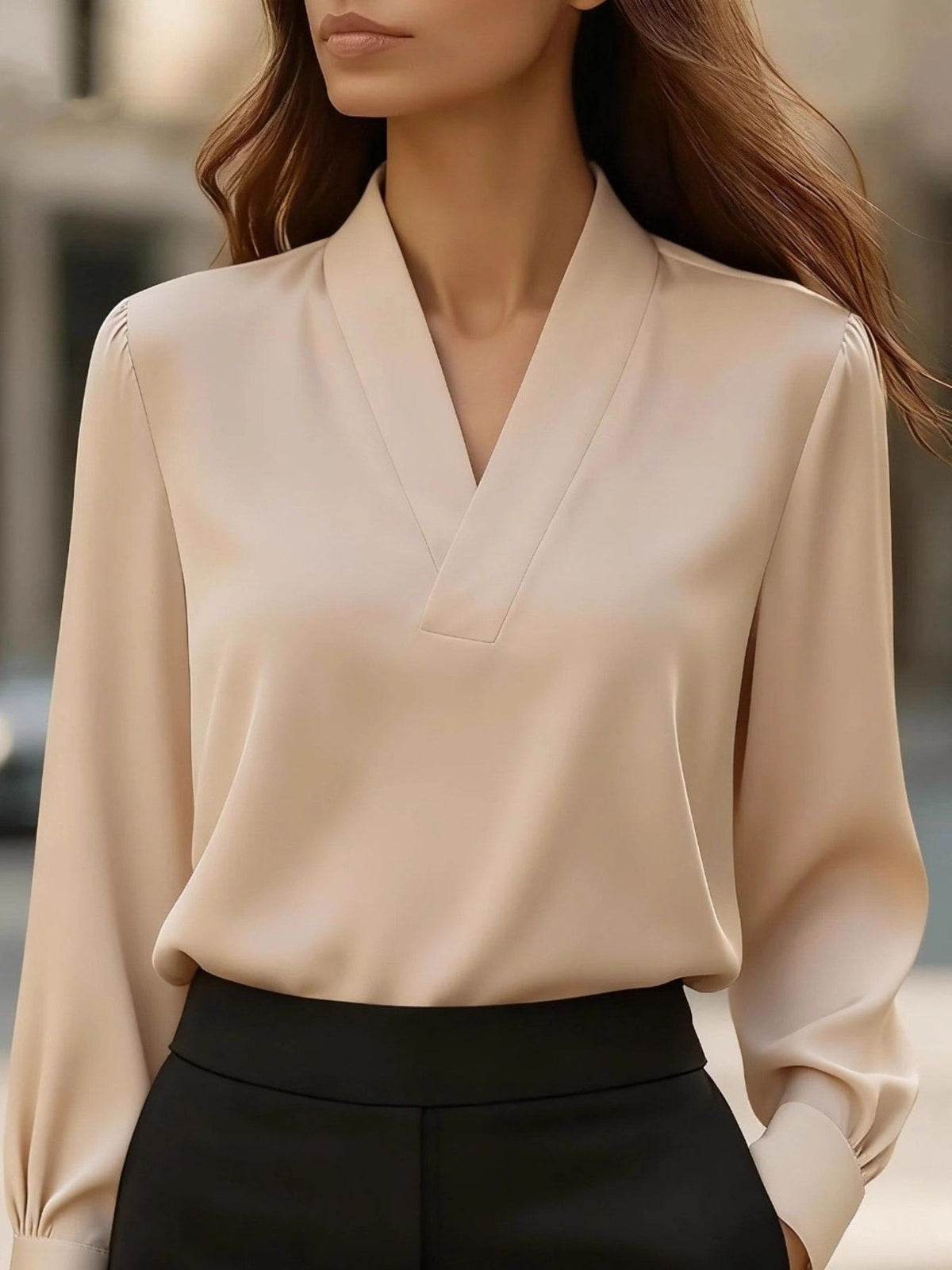 V-Neck Long Sleeve Satin Blouse - Khaki - View 7