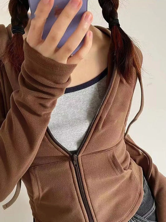 Drawstring Zip-Up Slim Fit Hoodie - Coffee - View 1
