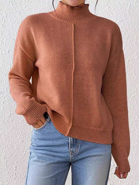 Center Seam Detail Turtleneck Sweater - Caramel - View 1