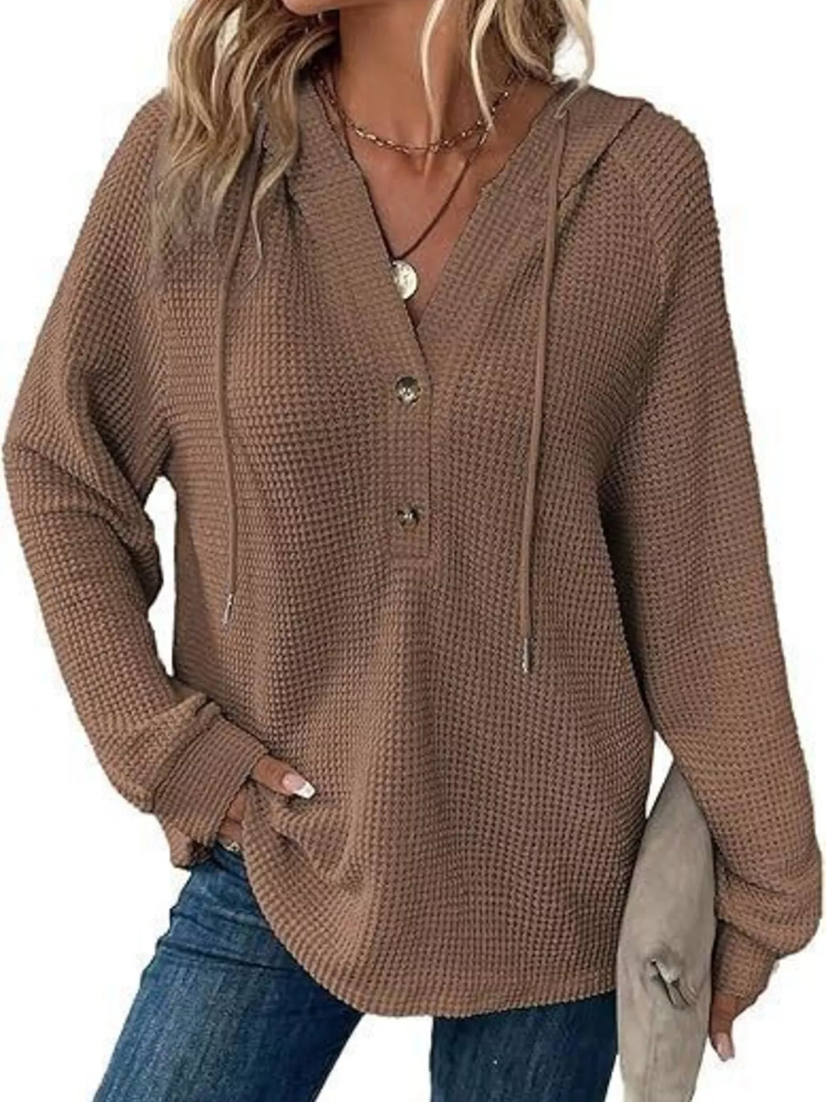 Full Size Waffle Knit Half-Button Hoodie Plus Size - Brown - View 7