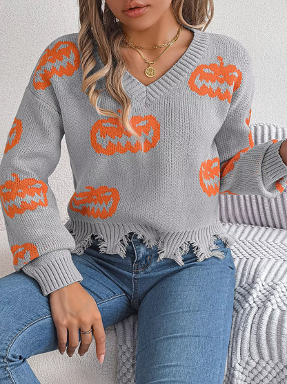 Pumpkin Distressed Hem Sweater - Gray - View 2