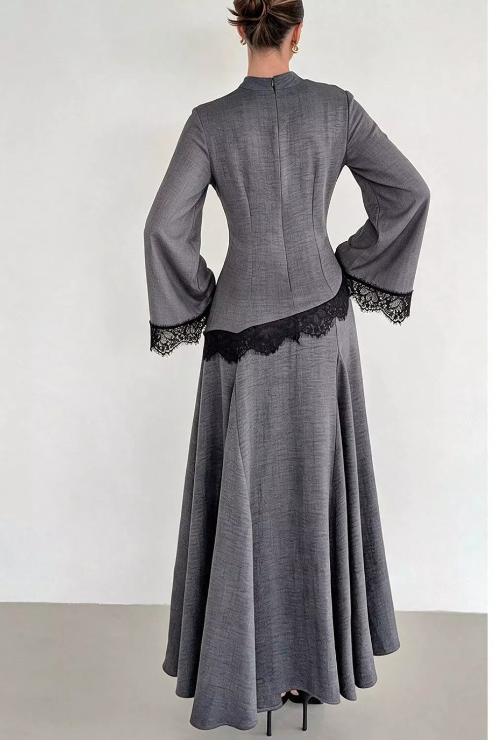 Lace Detail Mock Neck Top and Skirt Set - Dark Gray - View 2