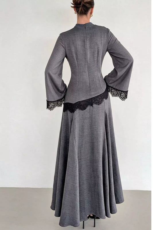 Lace Detail Mock Neck Top and Skirt Set - Dark Gray - View 2