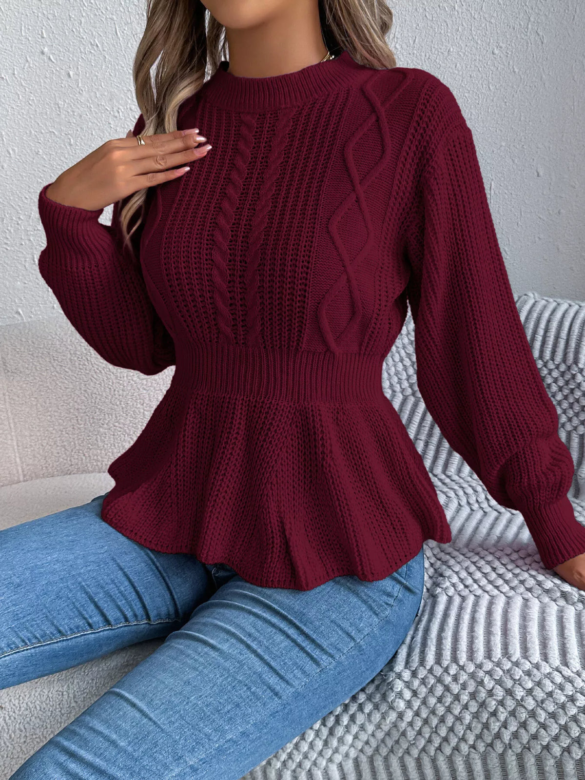 Cable Knit Peplum Sweater - Burgundy - View 1