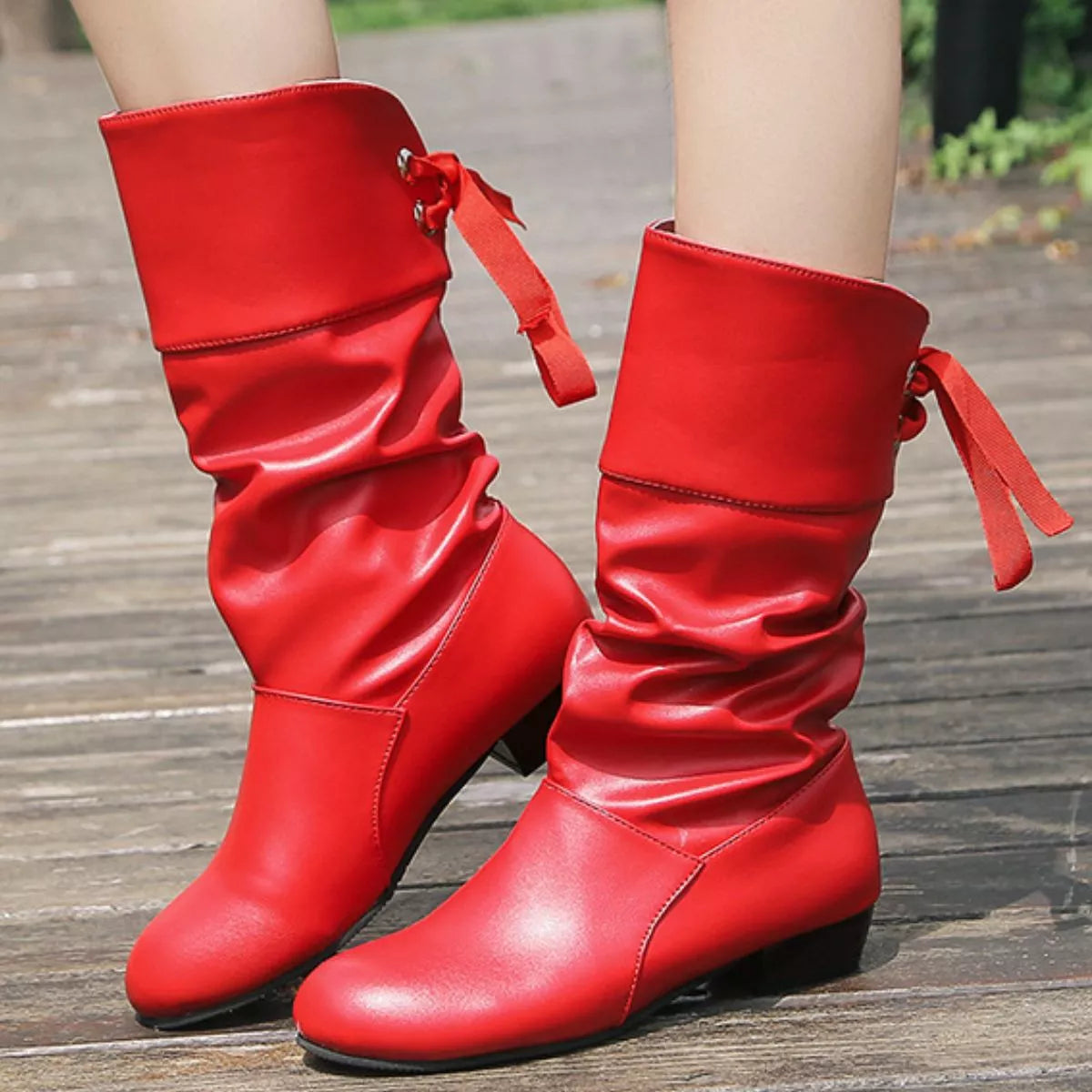 Round Toe Block Heels Boots - Red - View 6