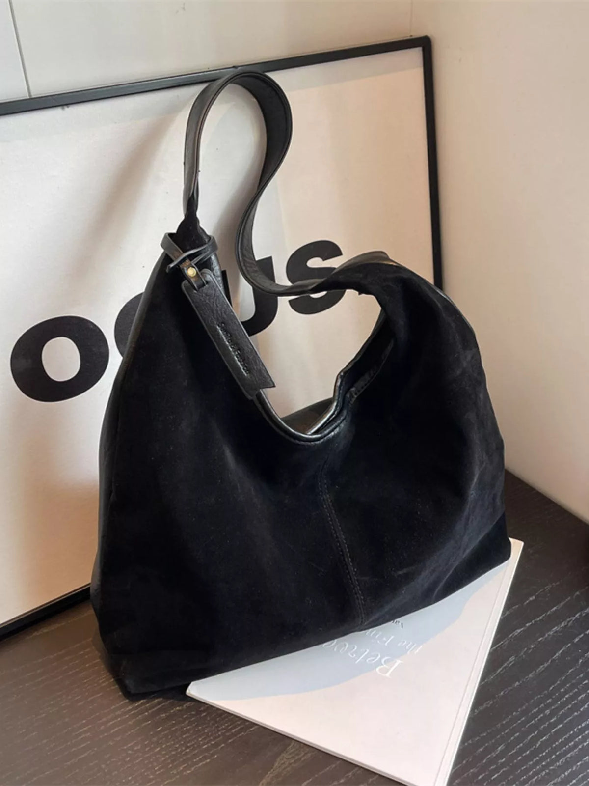 Suede Hobo Shoulder Bag - Black - View 3