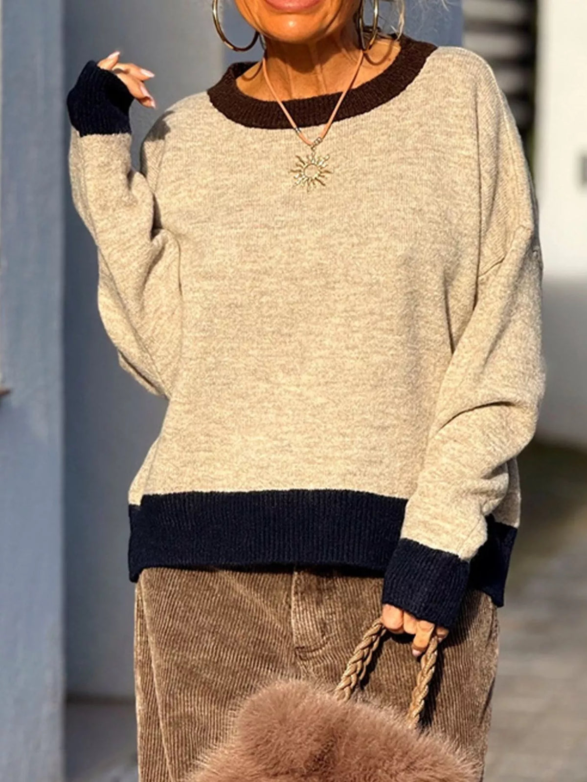 Contrast Trim Crew Neck Sweater - Coffee Brown - View 2
