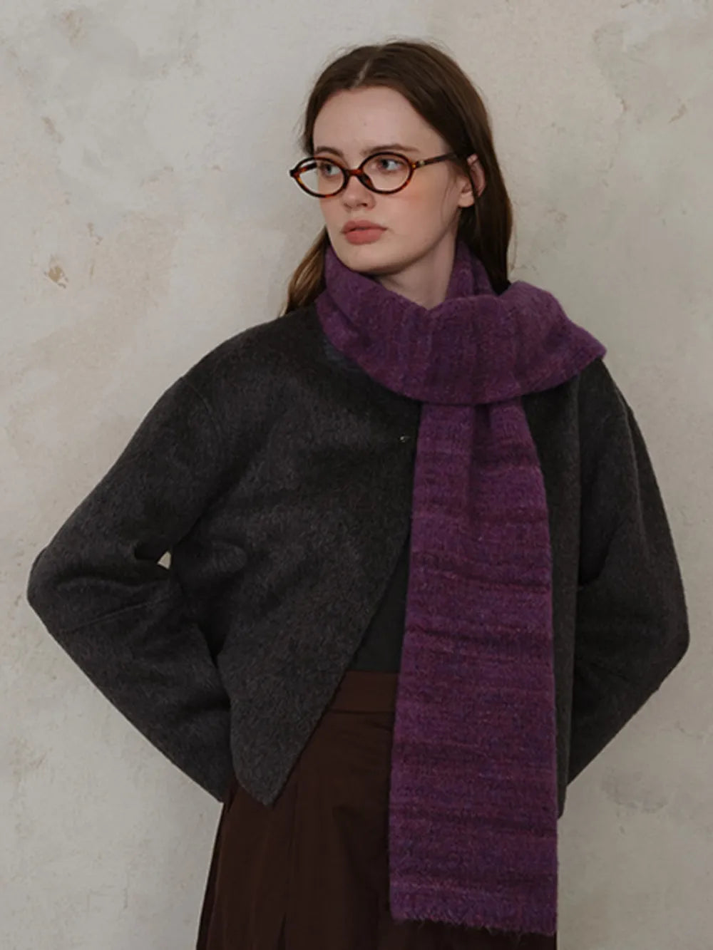 Striped Detail Knit Scarf - Deep Purple - View 6