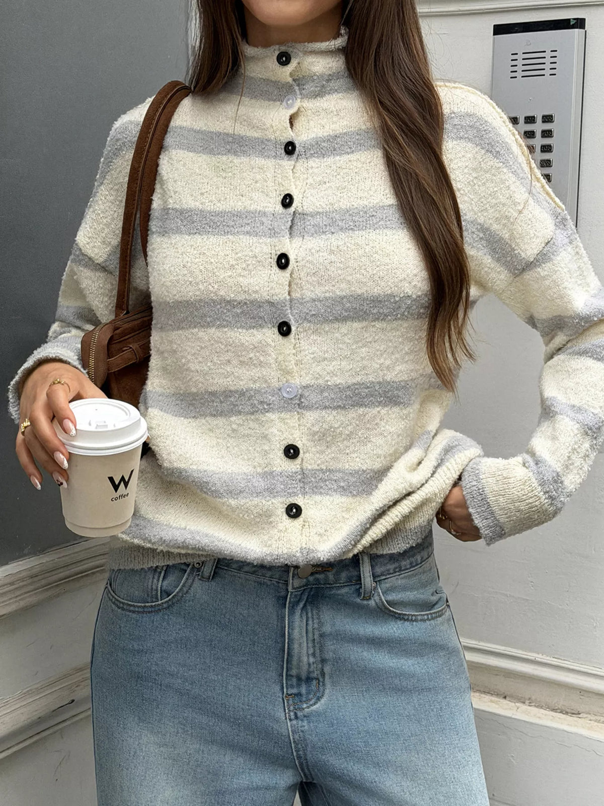 Striped Mock Neck Button-Down Textured Cardigan - Gray And Apricot Stripes - View 3