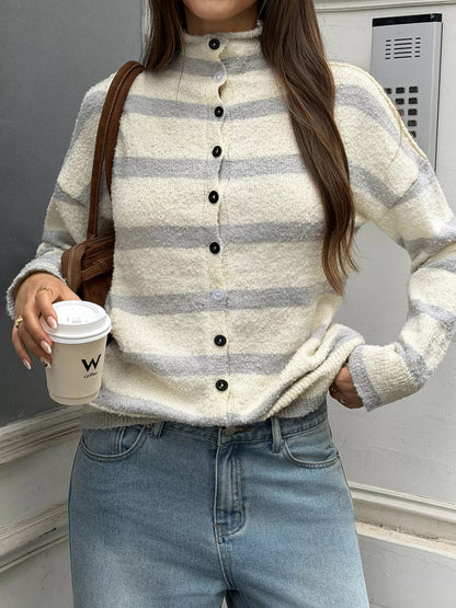 Striped Mock Neck Button-Down Textured Cardigan - Gray And Apricot Stripes - View 3