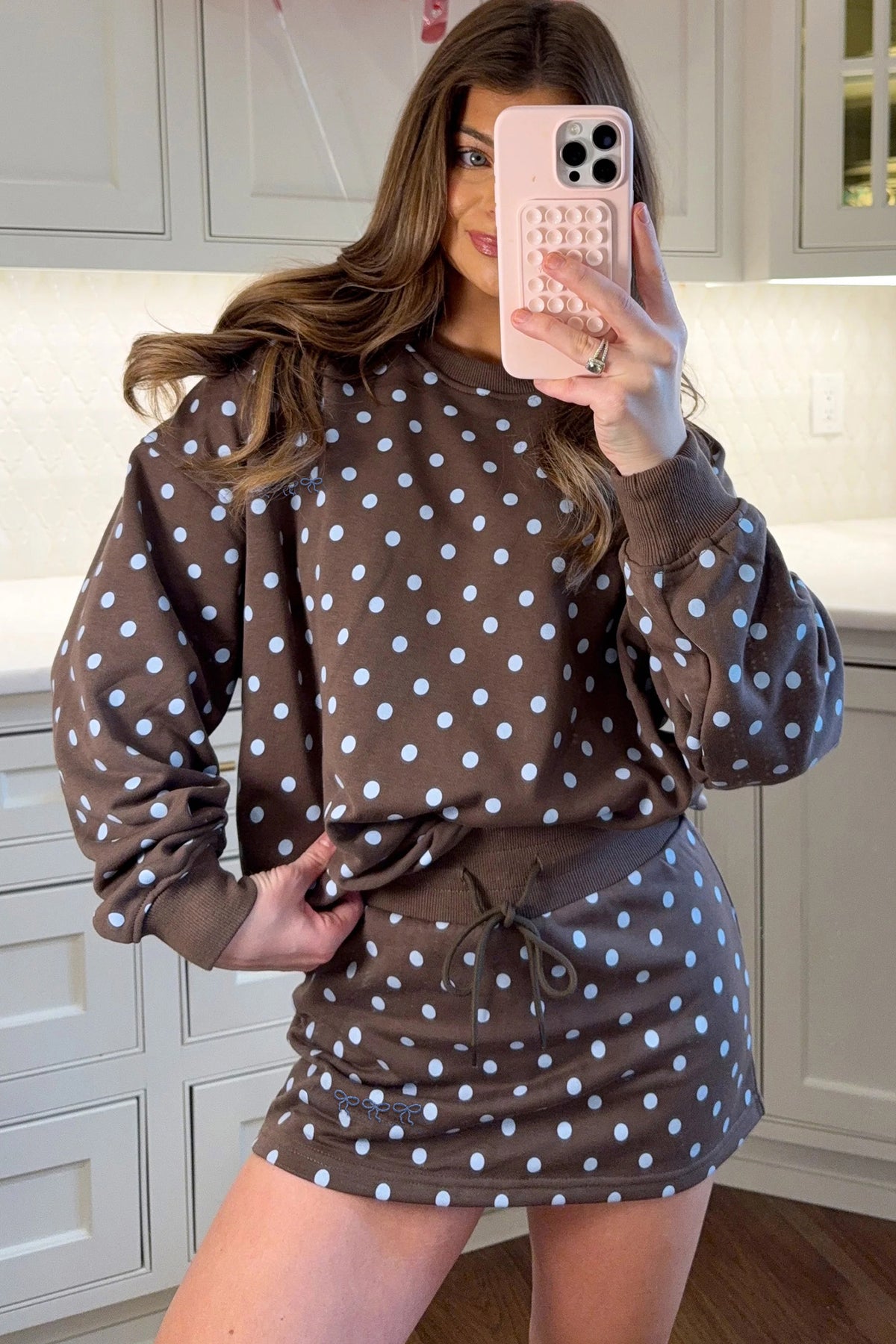 Brown Polka Dot Bow-Detail Skort Set
